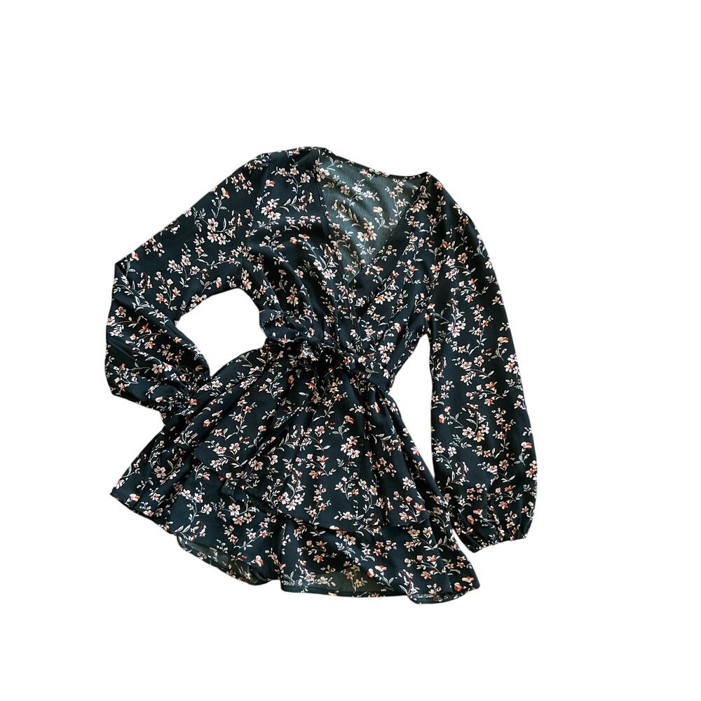 Ruffly romper jumpsuit wrap front Deep neck XL  teal floral boho puffed sleeves